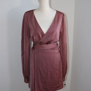 NBD Pink Wrap Dress with Bishop Sleeves and V-Neck